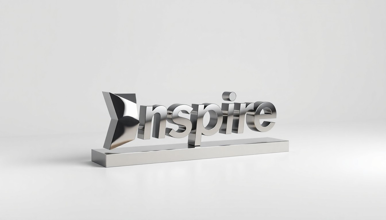 A high-end, photorealistic studio still-life photograph featuring a polished, geometric metal sculpture representing the Inspire Brands logo, arranged elegantly on a clean, monochromatic background with dramatic studio lighting and deep shadows.