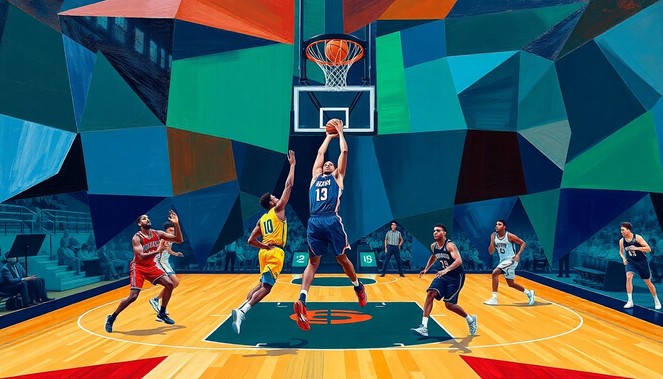A cubist-style painting depicting a college basketball game broken down into overlapping geometric shapes in shades of blue, green, and red, capturing the dynamic motion and energy of the sport.