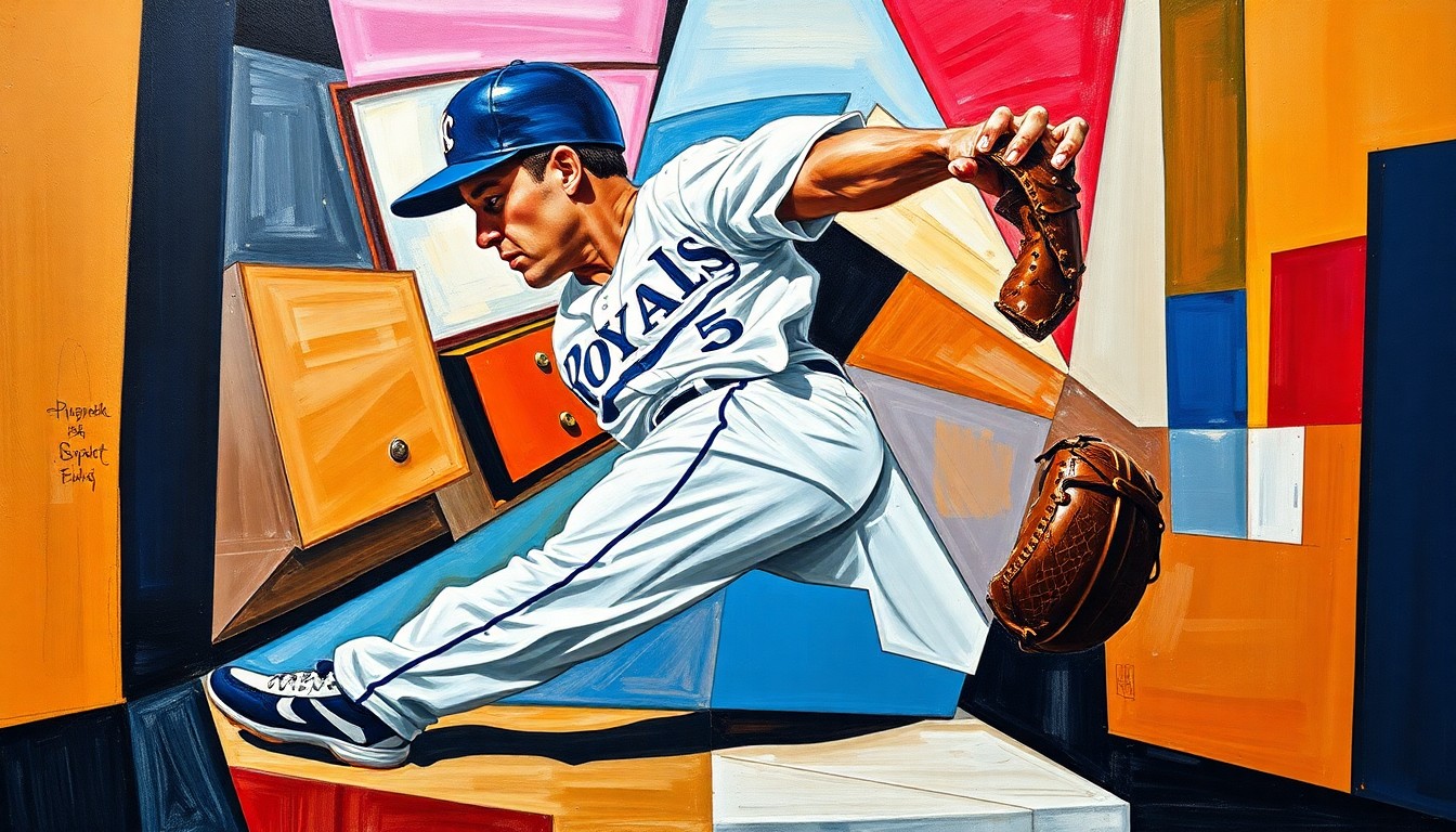 A fragmented, geometric painting depicting a baseball pitcher in motion, with sharp, overlapping planes of color and form representing the uncertainty and unpredictability of the injury.
