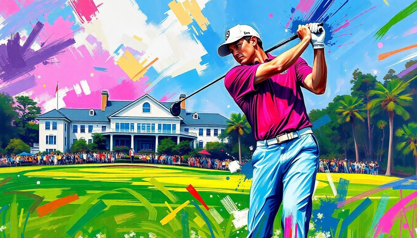 An abstract, expressionist painting featuring a golfer mid-swing, with vibrant neon brushstrokes capturing the dynamic motion and energy of the swing, set against the backdrop of the iconic Augusta National clubhouse in the distance.