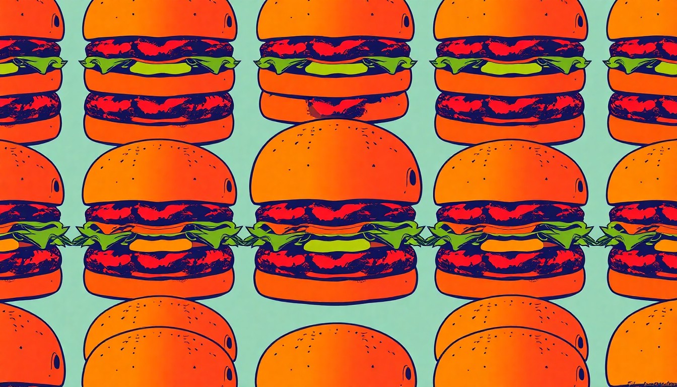 A brightly colored, high-contrast silkscreen print of a juicy hamburger patty repeated in a tight grid pattern, representing the iconic food at the center of Purdue's Ag Week celebration.