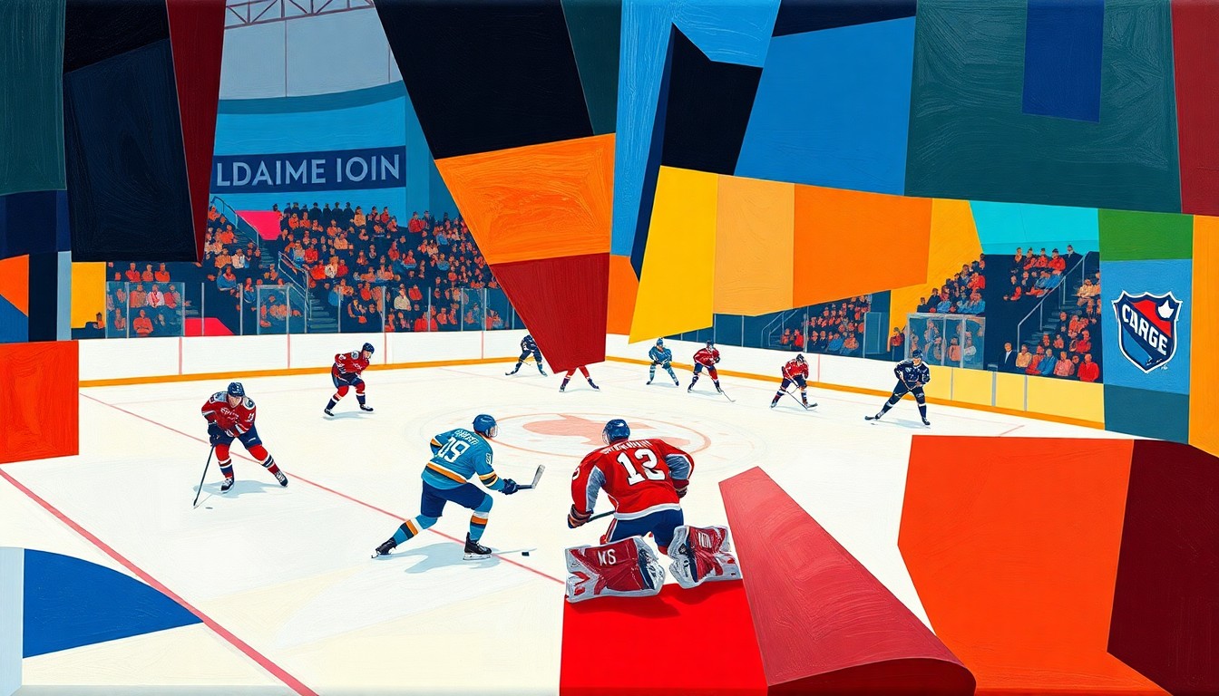 A cubist, geometric painting depicting a hockey game between the Seattle Torrent and Ottawa Charge, with fragmented and overlapping shapes in vibrant colors representing the players, the rink, and the intense action on the ice.