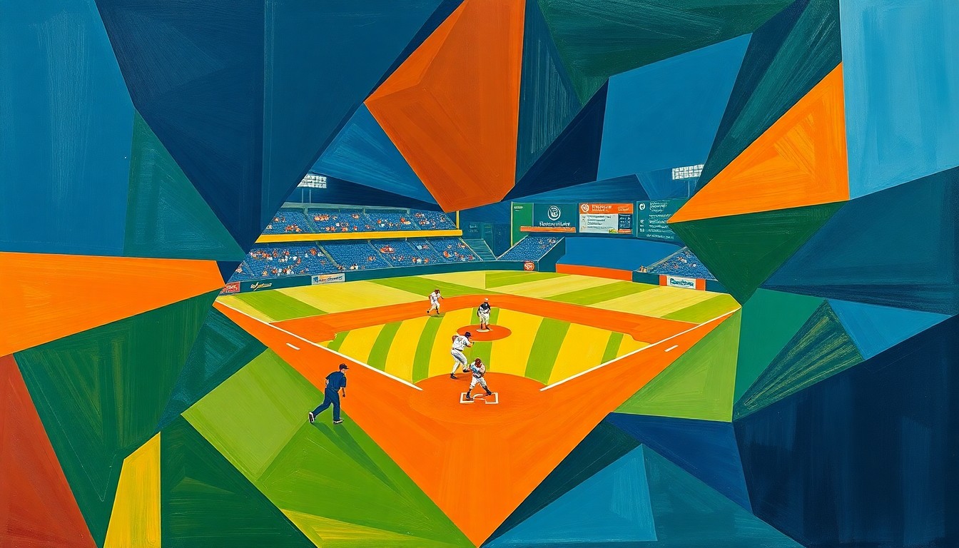 A fragmented, geometric painting depicting a baseball game in progress, with the players and field broken down into sharp, overlapping shapes in a bold color palette, conveying the chaotic nature of the Tigers' recent losses.