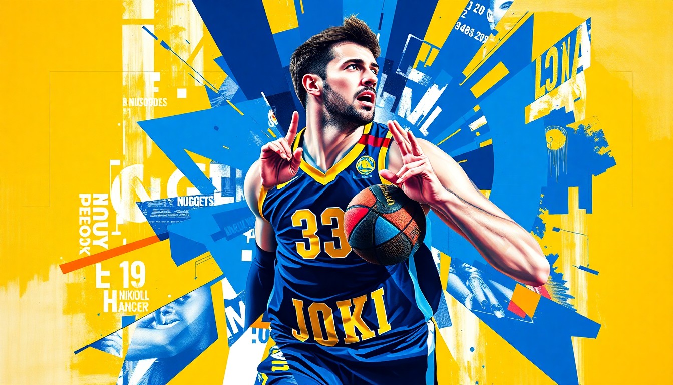 A cubist-style painting depicting Nikola Jokić's basketball skills and stats broken down into sharp, overlapping geometric shapes and planes in the colors of the Denver Nuggets' uniform.