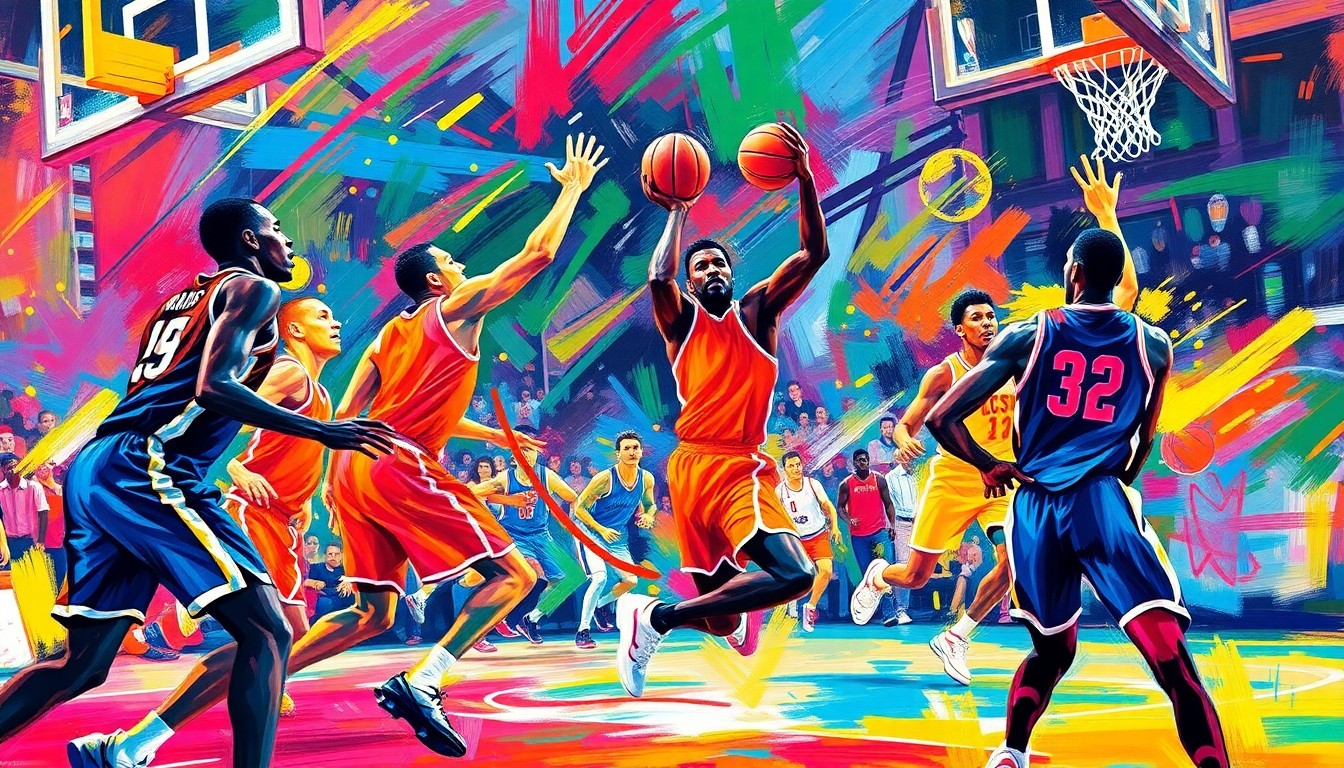 An abstract, expressionist painting in neon colors depicting the fast-paced action and raw energy of a basketball game, with players' forms dissolved into dynamic, colorful shapes and movements.