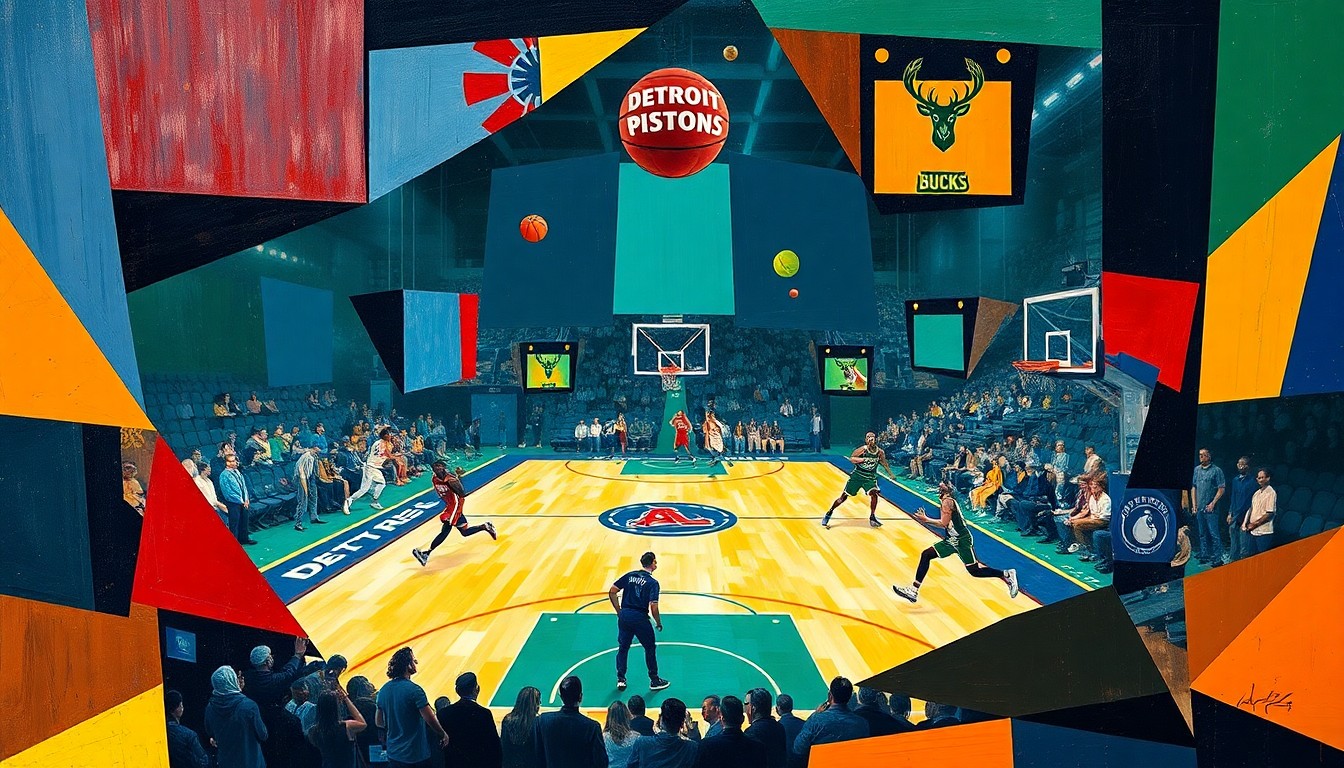 A cubist, geometric painting depicting the energy and movement of a basketball game, with overlapping planes of bright colors and angular shapes representing the players and the action on the court.