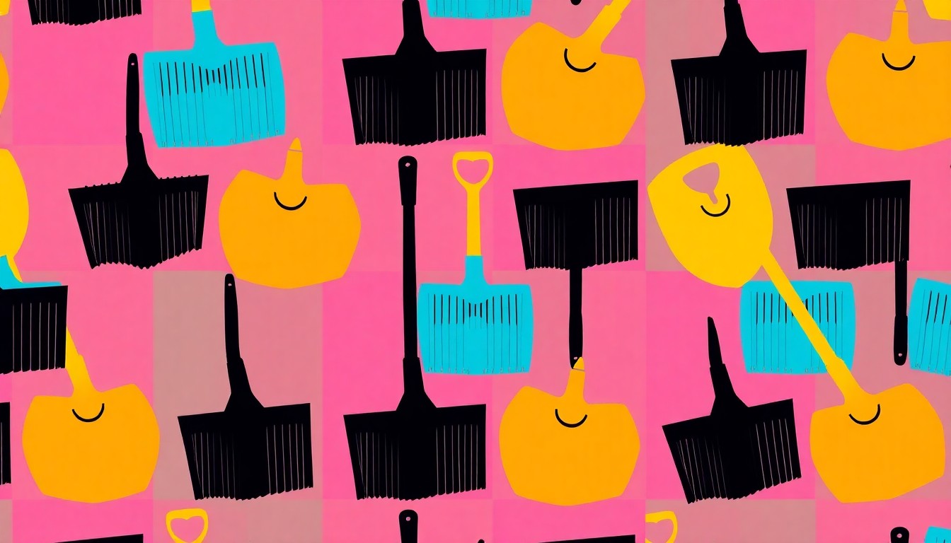 A brightly colored, high-contrast silkscreen print of a single, iconic landscaping tool repeated in a tight grid pattern, conceptually representing the collective effort of community volunteers to maintain public spaces.