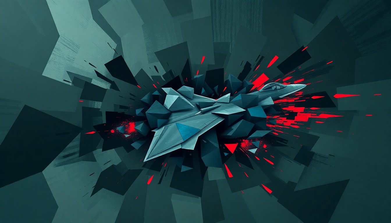 A fractured, abstract painting depicting a Lockheed Martin weapons system in overlapping geometric shapes and waves of dark colors, conveying a sense of disruption and unrest.