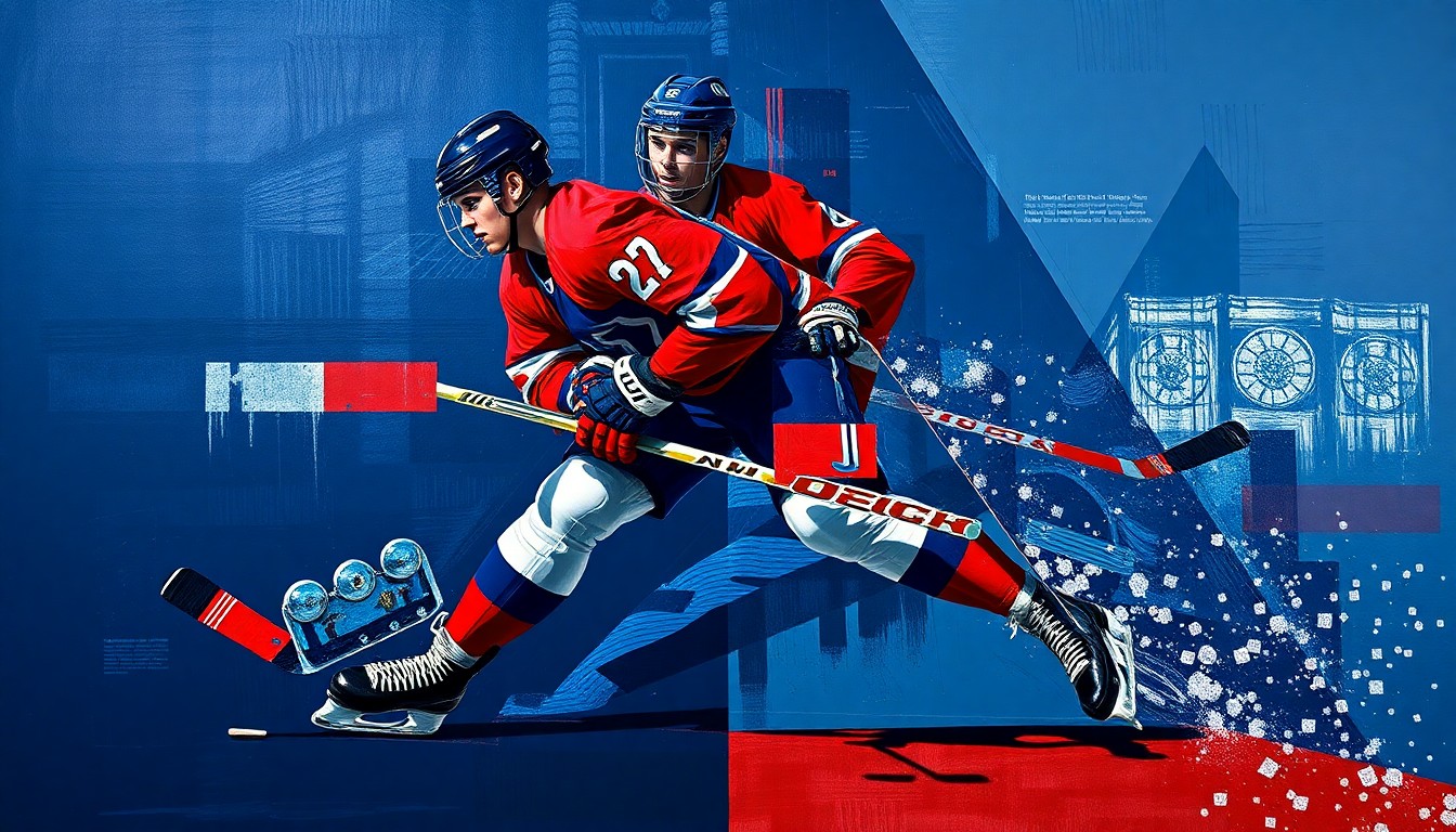 A cubist, geometric painting depicting a hockey player in mid-stride, with the figure broken down into sharp, overlapping planes of navy, red, and silver, conveying the dynamic energy and movement of the sport.