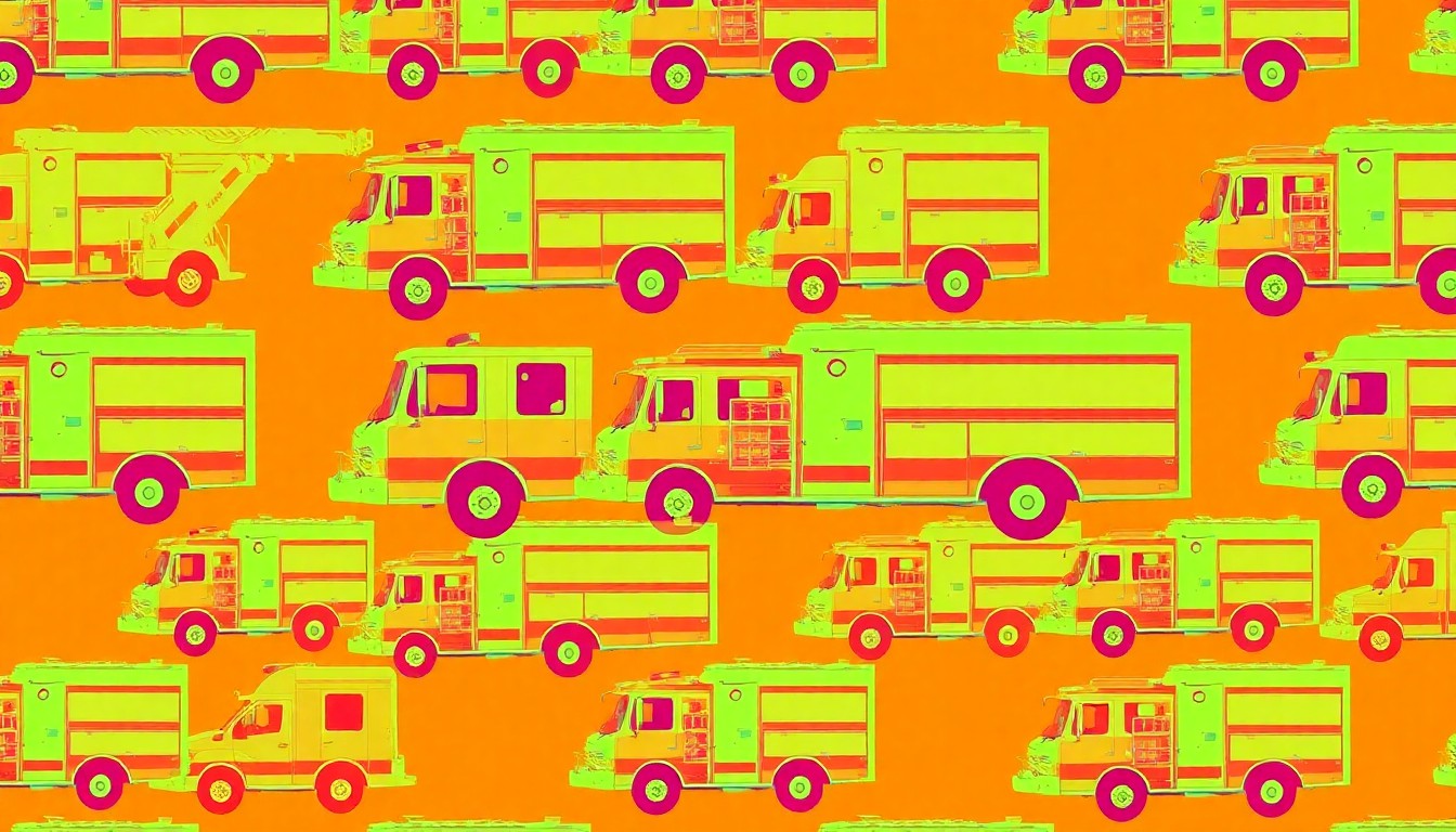 A bold, abstract silkscreen print featuring a repeating icon of a fire truck in a grid of neon pink, orange, and electric blue, conceptually representing the modernization and community impact of the Carrollton Fire Department's new station.