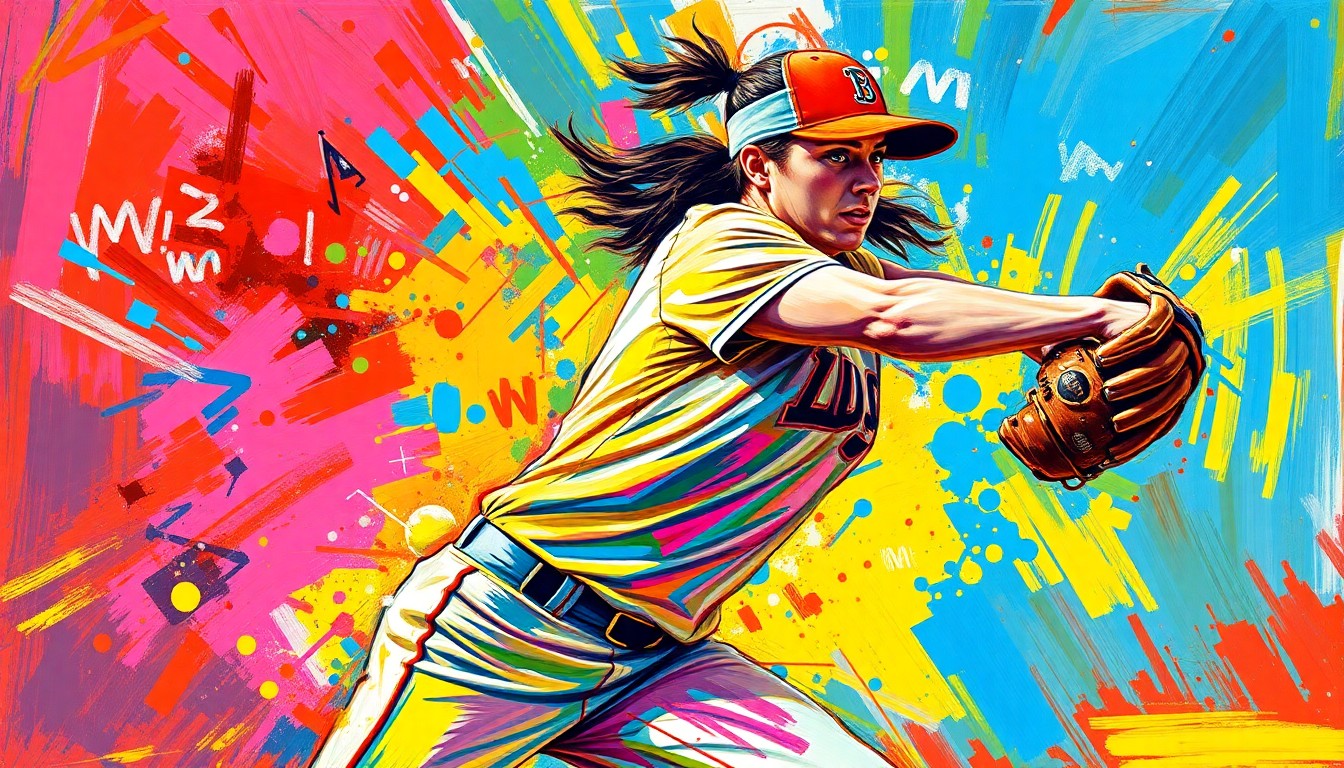 A vibrant, expressionist painting depicting the powerful pitching motion of a softball player, with bold brushstrokes and neon colors capturing the raw energy of the sport.