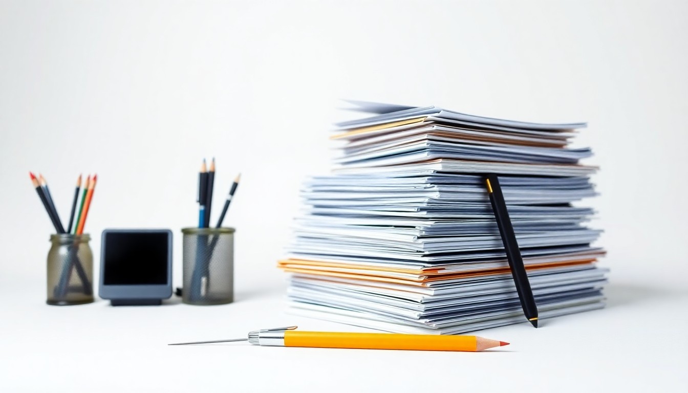 A high-end, photorealistic studio still-life photograph featuring a stack of neatly organized office supplies and documents on a clean, white seamless background, representing the essence of workplace culture and employee satisfaction surveys.