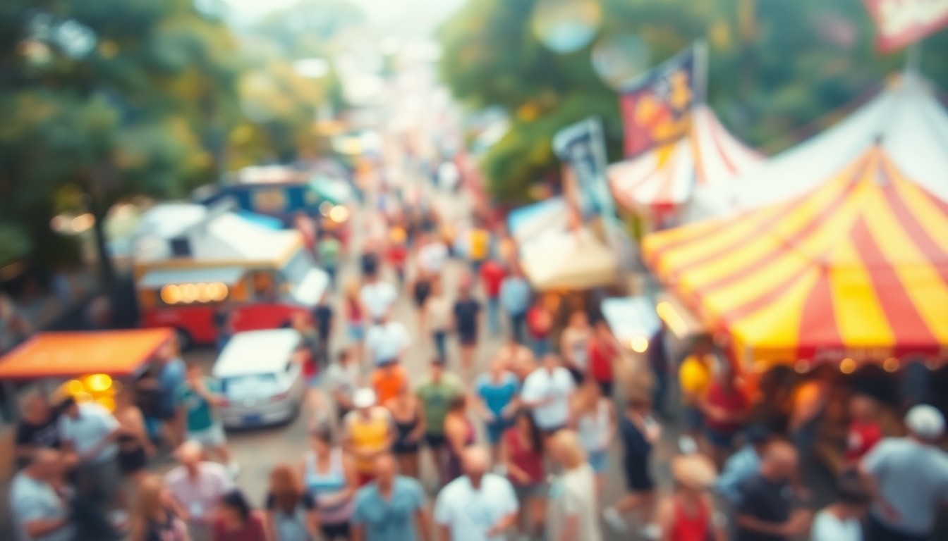 An abstract, impressionistic photograph of an outdoor festival with blurred crowds, colorful tents, and a sense of lively energy and community.