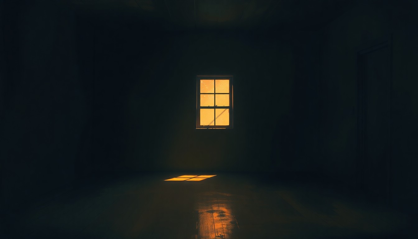 A dimly lit, cinematic room with a single window casting warm, diagonal sunlight and deep shadows, evoking the solitary confinement and psychological trauma of a hostage situation.