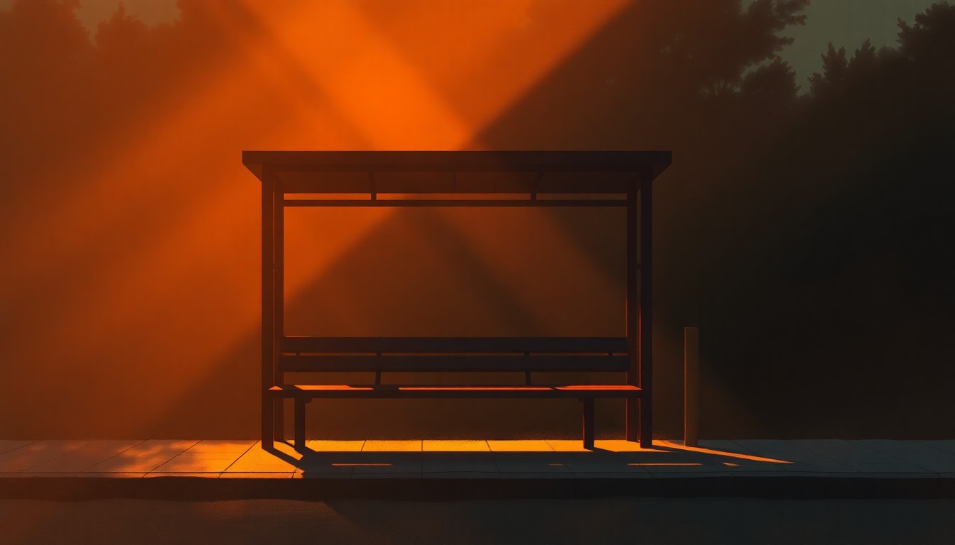 A serene, photorealistic painting of an empty school bus stop bench in warm, golden sunlight, with deep shadows cast across the scene, conveying a sense of quiet unease and uncertainty.