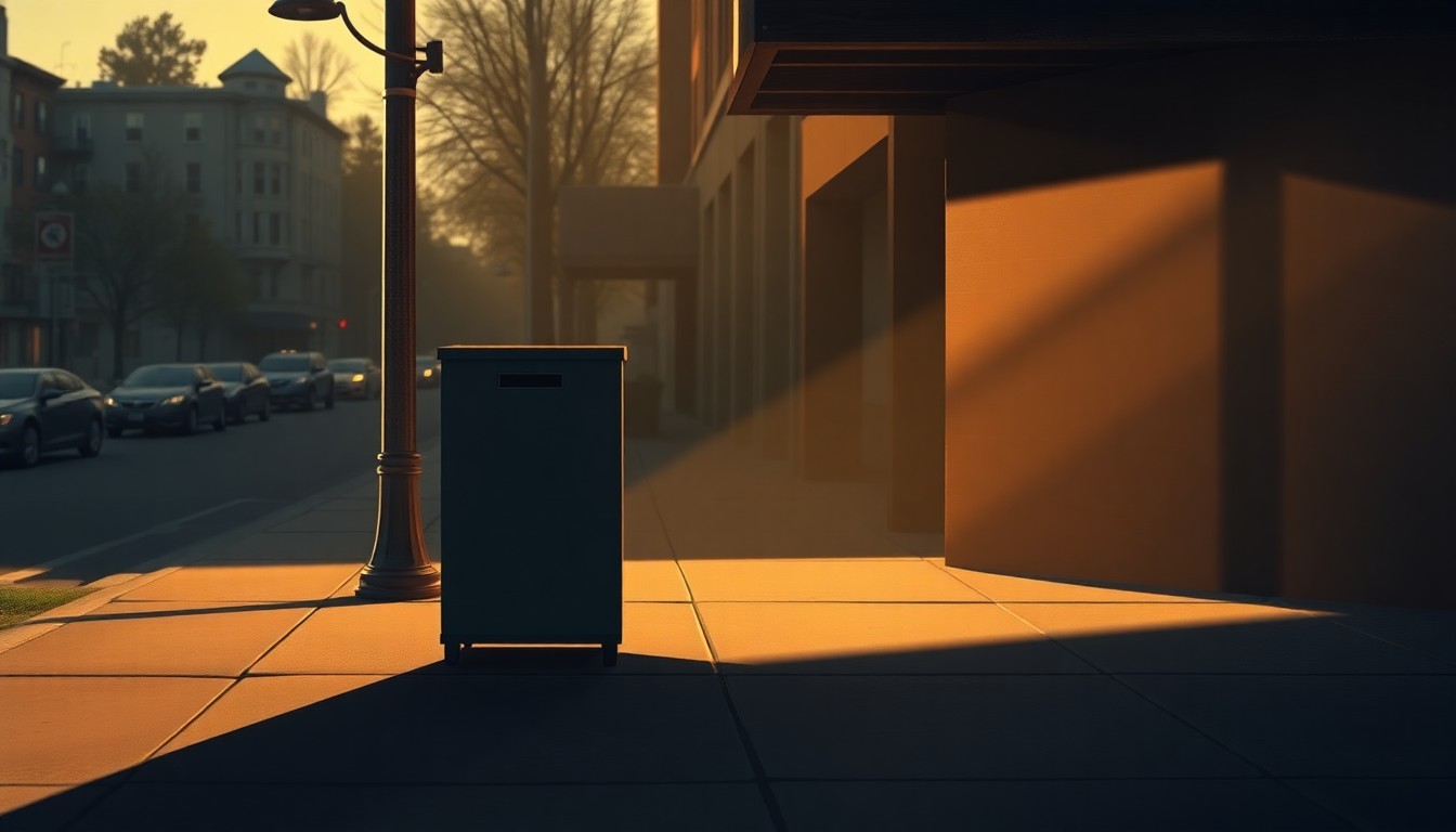 A serene, photorealistic painting of a lone ballot drop box on a city street, with warm sunlight casting deep shadows across the scene, conveying a sense of quiet contemplation around the political controversy.