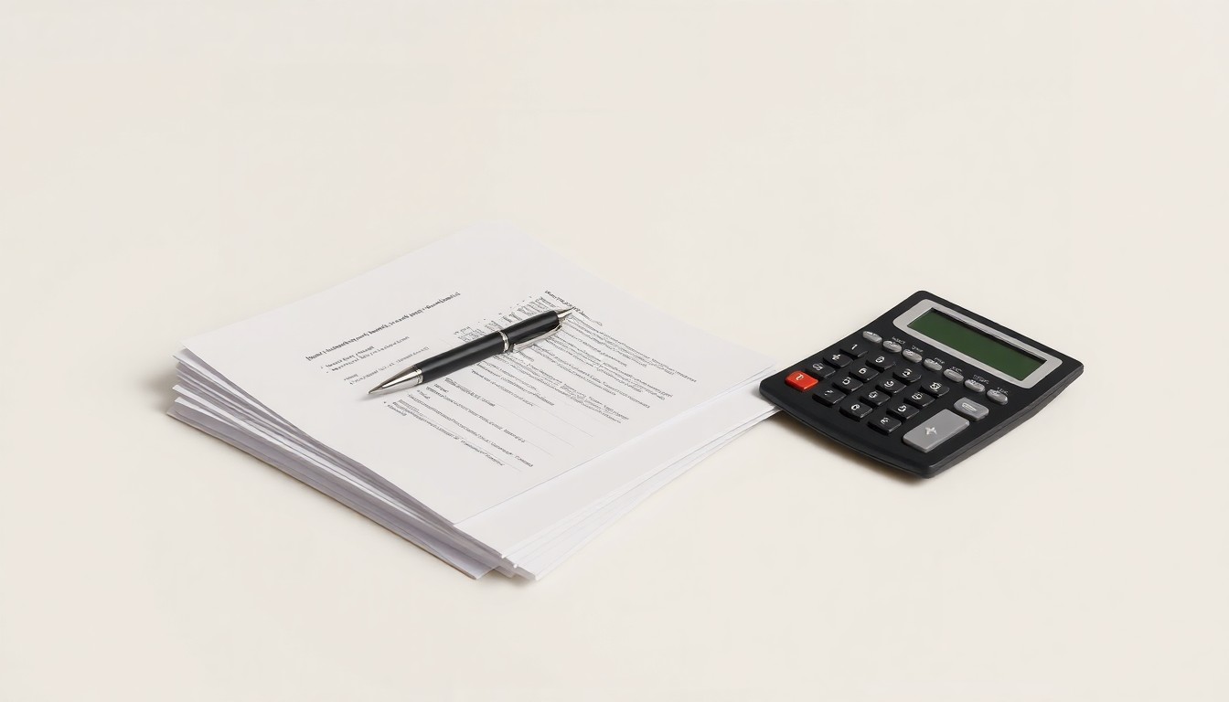 A photorealistic studio still life featuring a stack of financial documents, a pen, and a calculator arranged on a clean, monochromatic background, conceptually representing corporate finance and strategy.