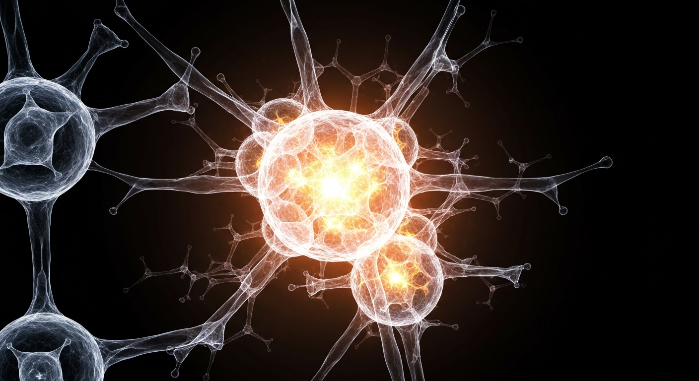 A ghostly, translucent X-ray-style image revealing the intricate internal structure of a biological network or molecular system, conveying the scientific complexity and potential breakthroughs in cancer research.
