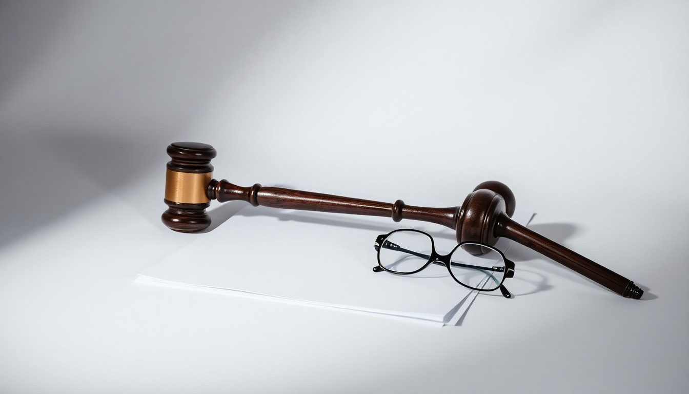 A photorealistic studio still-life photograph featuring a stack of legal documents, a gavel, and a pair of reading glasses arranged elegantly on a clean, monochromatic background, conceptually representing the abstract concepts of corporate legal strategy and risk.