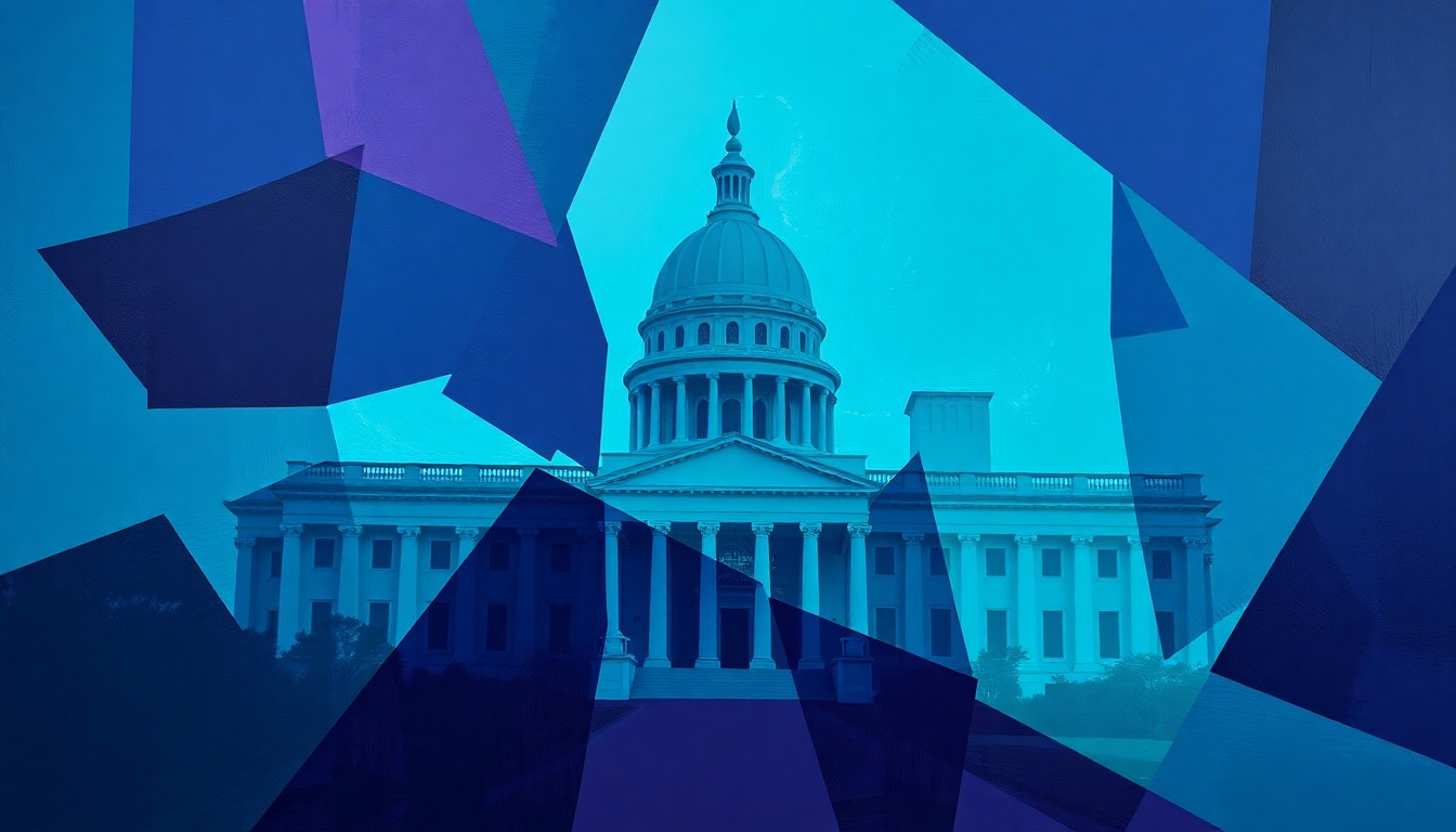 A fractured, abstract painting in shades of blue and violet depicting a stylized government building or political institution in motion, conveying a sense of instability and lack of transparency.