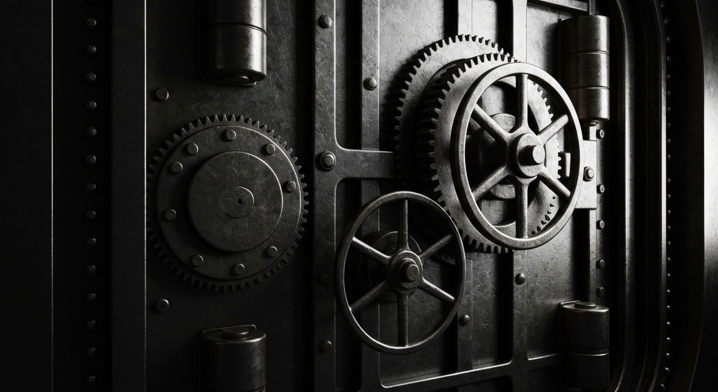 An extreme close-up of a heavy, industrial bank vault door with complex mechanical gears and locking mechanisms, dramatically lit against a dark background, conceptually representing the financial security and stability of a real estate investment trust.