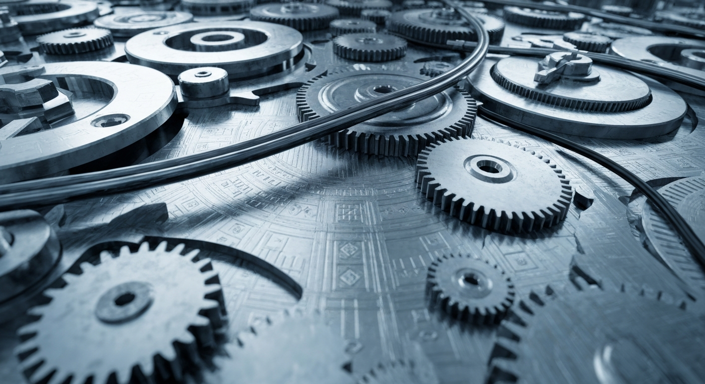 A cinematic close-up of heavy, metallic financial machinery and gears, representing the complex infrastructure of the capital markets without using literal currency or charts.