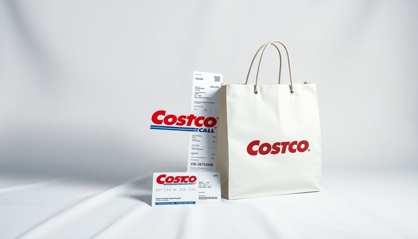 A photorealistic studio still-life photograph featuring a stack of Costco membership cards, a Costco receipt, and a Costco-branded shopping bag arranged elegantly on a clean, white background, conceptually representing the company's corporate strategy and market dominance.