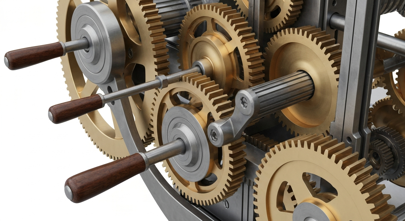 An extreme close-up of the heavy, industrial machinery and mechanisms of a financial trading platform, dramatically lit against a dark background to conceptually represent the technical infrastructure enabling the separate trading of Paloma Acquisition Corp I's shares.