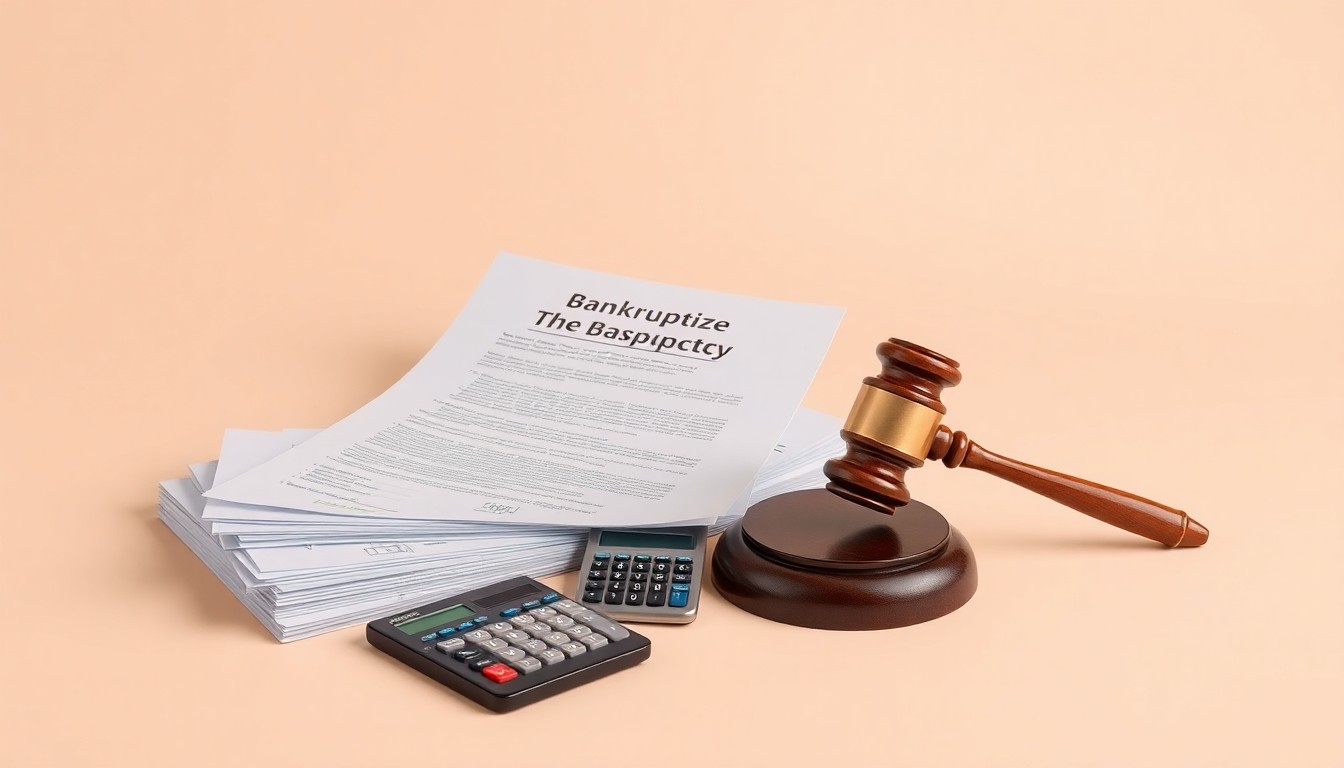 A photorealistic studio still-life featuring a stack of financial documents, a calculator, and a gavel on a clean, monochromatic background, symbolizing the bankruptcy process and difficult decisions facing small business owners.