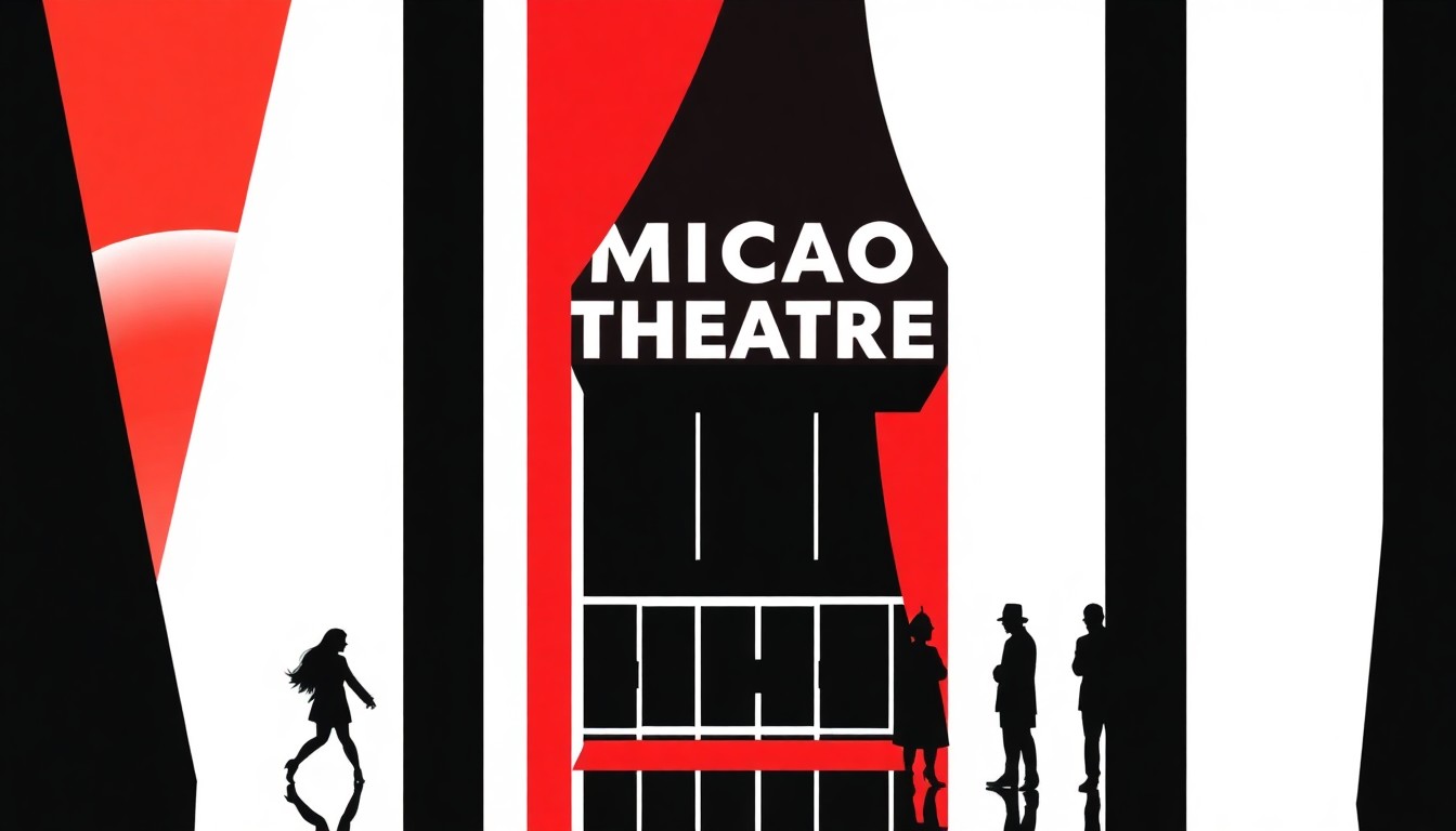 A striking, minimalist illustration featuring bold, jagged geometric shapes in high-contrast red and black, conceptually representing the grand opening of a new luxury magic theater in Chicago.
