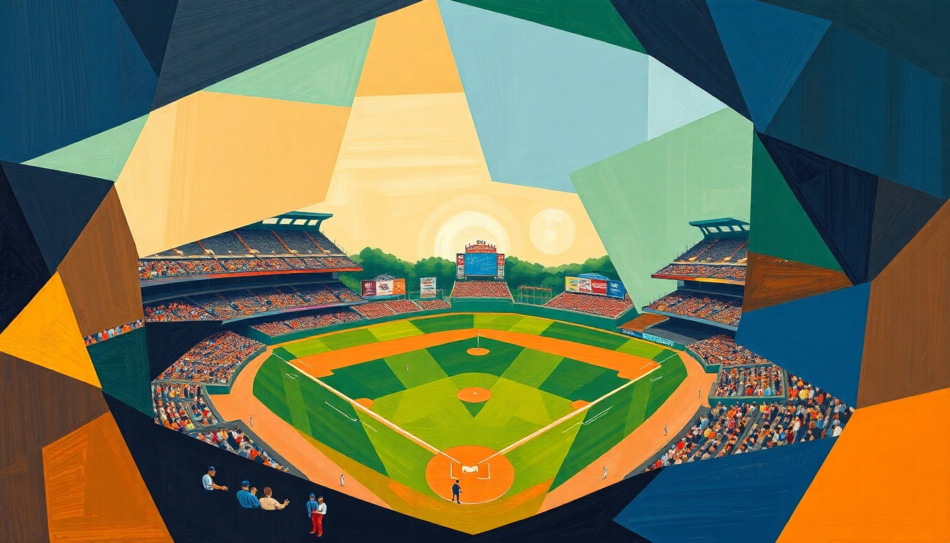 A cubist, geometric painting depicting a baseball game, with sharp, overlapping planes of color representing the dynamic action on the field.