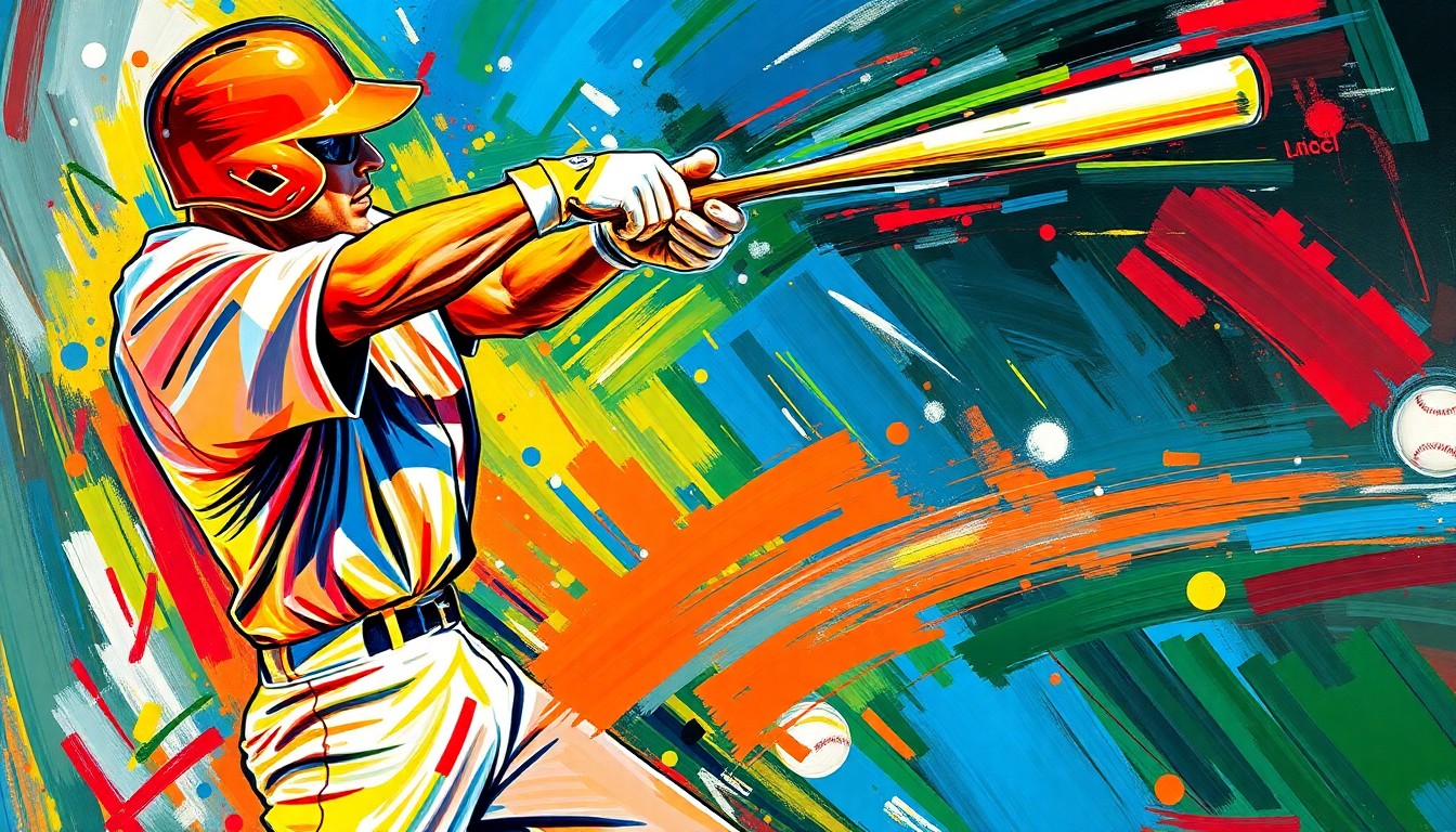 An extreme close-up of a baseball player's bat making contact with the ball, captured in a vibrant, expressionist painting style with neon-colored brushstrokes conveying the raw power and energy of the moment.