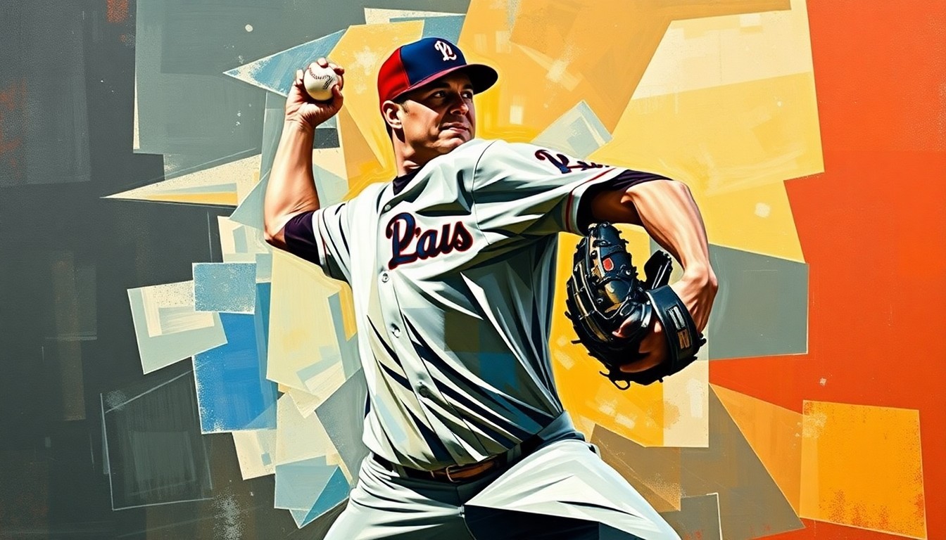 A fragmented, geometric painting depicting a baseball pitcher's motion, with sharp, overlapping planes of color and form conveying the dynamic energy of the delivery.