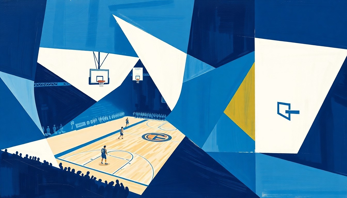 A fragmented, geometric painting depicting a college basketball game, with sharp planes of navy blue, light blue, and white representing the court, players, and spectators in an abstract, deconstructed style.