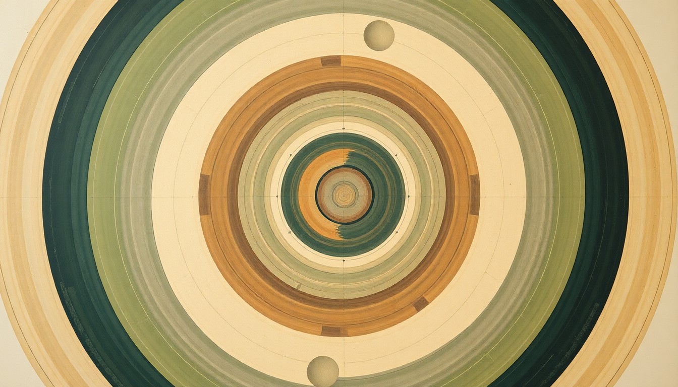 A bold, abstract painting in soft earth tones featuring sweeping geometric arcs, concentric circles, and precise botanical spirals, conceptually representing the complex scientific principles and natural power of nuclear energy.