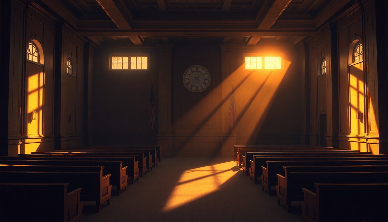 A dimly lit, cinematic painting of an empty city council chamber, with warm sunlight streaming in through tall windows and casting deep shadows across the room, conceptually representing the weighty political decision facing local leaders.