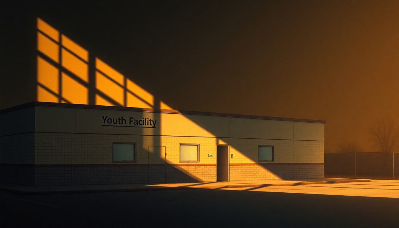 A nostalgic, cinematic painting of a solitary youth facility building in warm sunlight and deep shadows, conveying a sense of melancholy and neglect surrounding the issue of child abuse in these facilities.