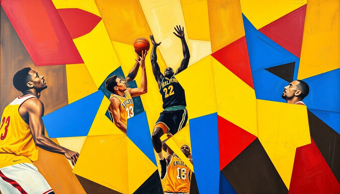 A fragmented, cubist-style painting depicting the abstract forms of basketball players in motion, with sharp geometric planes of golden yellow, royal blue, and crimson red representing the dynamic energy of the game.
