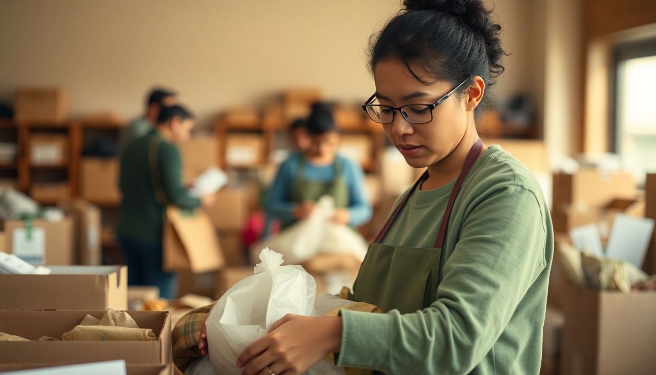 An abstract, out-of-focus scene depicting the soft, warm glow of a volunteer sorting through donated items, conveying the compassionate spirit of the donation drive.