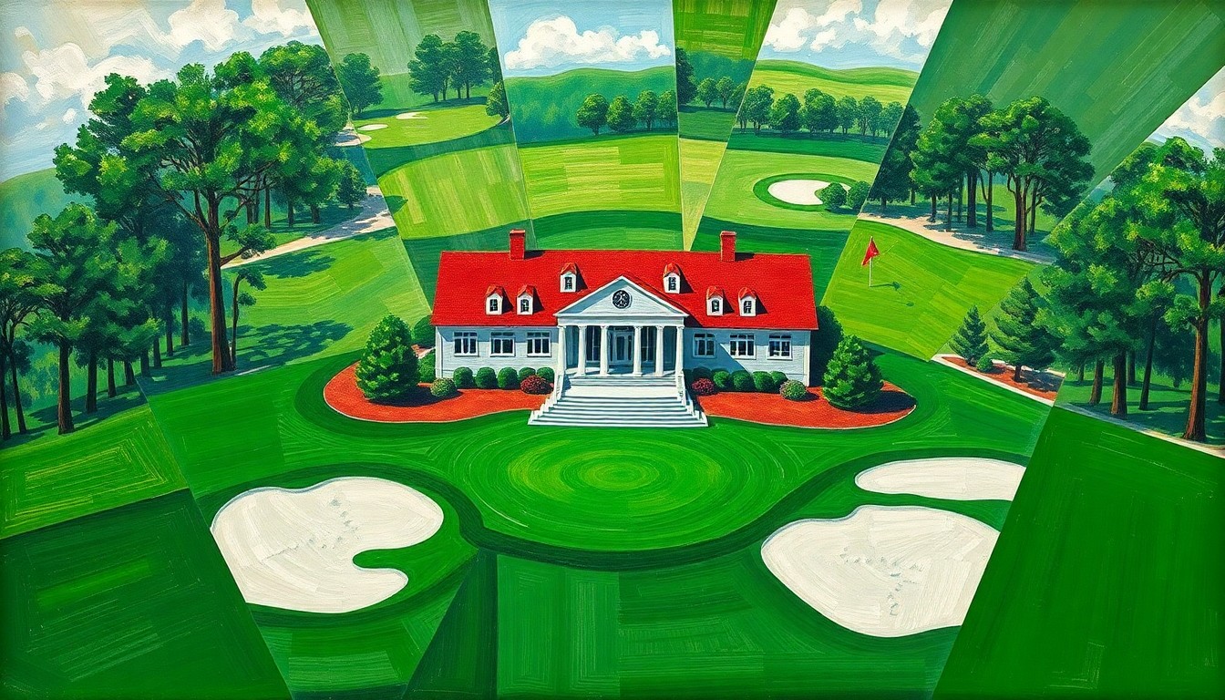 A cubist, geometric painting depicting the iconic Augusta National Golf Club clubhouse and grounds, with the building and landscape broken down into sharp, overlapping planes of green, white, and red, conceptually representing the multifaceted priorities of the club's leadership.