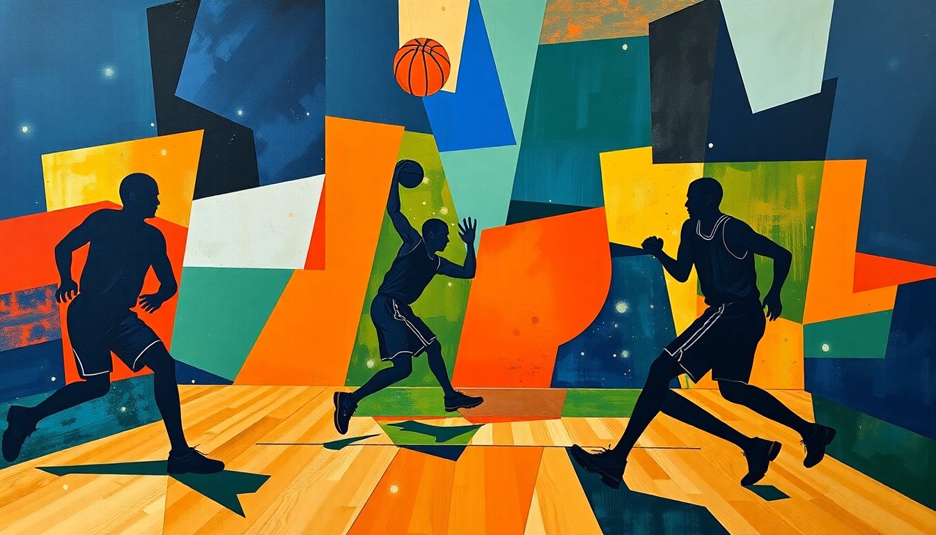 A cubist, geometric painting depicting the silhouettes of basketball players in motion, with the ball and court elements broken down into sharp, overlapping planes of navy, green, and orange.