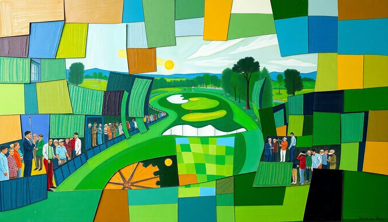 A fragmented, cubist-style painting depicting a golf tournament scene, with sharp geometric shapes and planes in shades of green, blue, and brown, capturing the energy and excitement of the prestigious event.