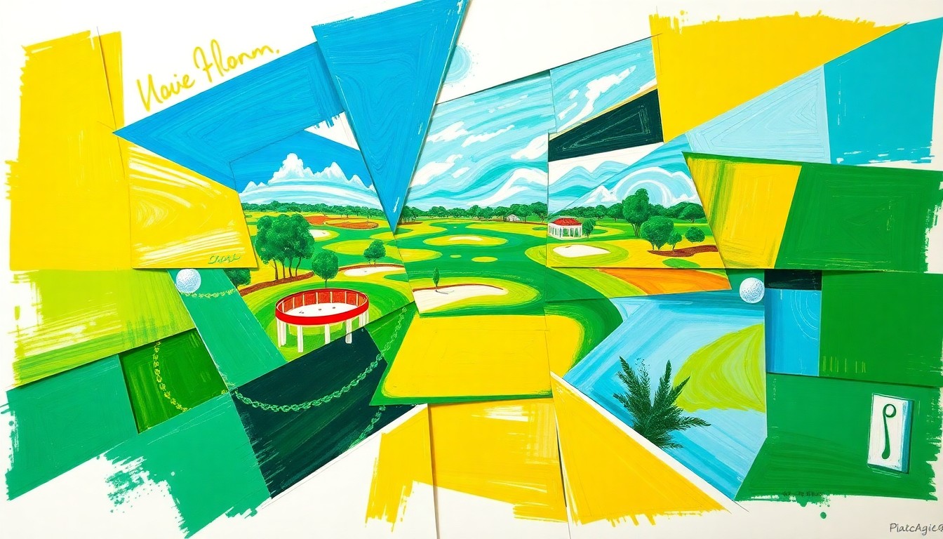 A fractured, multi-perspective painting in vibrant colors of green, blue, and yellow, breaking down a golf tournament or match into sharp, overlapping geometric planes.