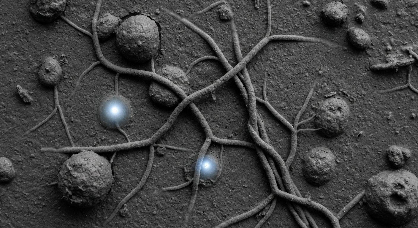 A ghostly, translucent X-ray image revealing the internal structure of flood-contaminated mud, with faint outlines of bacteria and other pathogens, conceptually illustrating the hidden health risks in the aftermath of a major storm.
