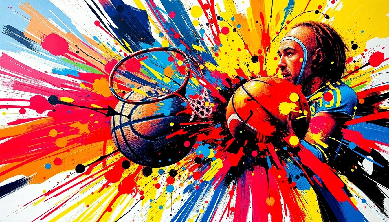 An abstract expressionist painting in vibrant neon colors, featuring blurred shapes and splatters that suggest basketball and tennis equipment, capturing the raw energy and passion of Serbian sports.