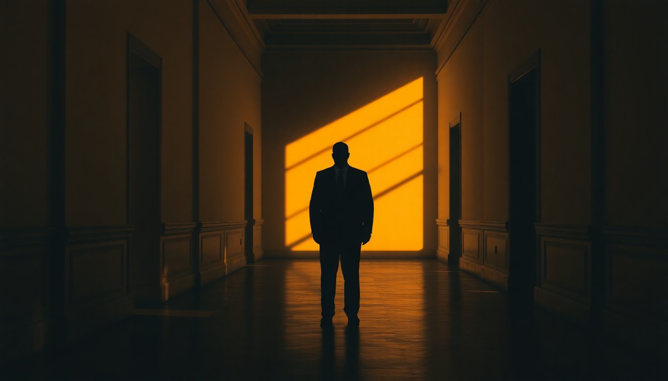 A moody, cinematic painting of a solitary political figure standing alone in an empty government building hallway, the warm light and deep shadows conveying a sense of isolation and tension.