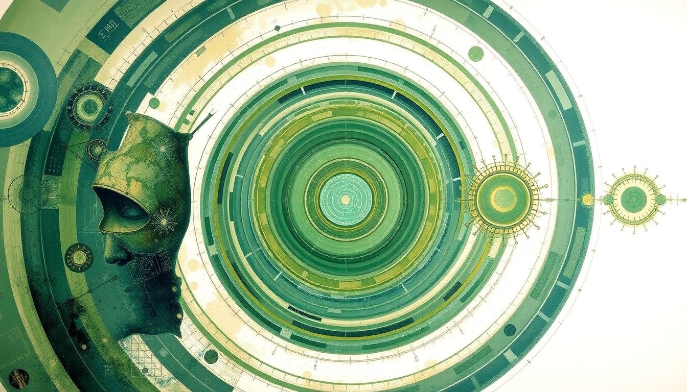 A highly structured, geometric abstract painting in soft, earthy tones of green, blue, and gold, featuring sweeping arcs, concentric circles, and precise spirals, conveying the complex structural order of quantum forces and computing concepts without any text or symbols.