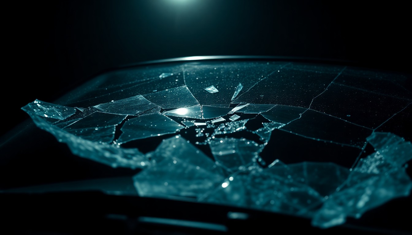 An extreme close-up photograph of a shattered car windshield, the glass reflecting a harsh, direct flash of light, conceptually representing the tragic consequences of a highway accident caused by debris.