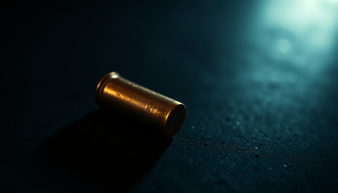 An extreme close-up photograph of a single spent bullet casing on a dark surface, lit by a harsh, direct camera flash, conceptually illustrating the physical evidence and gritty investigation surrounding a violent crime.