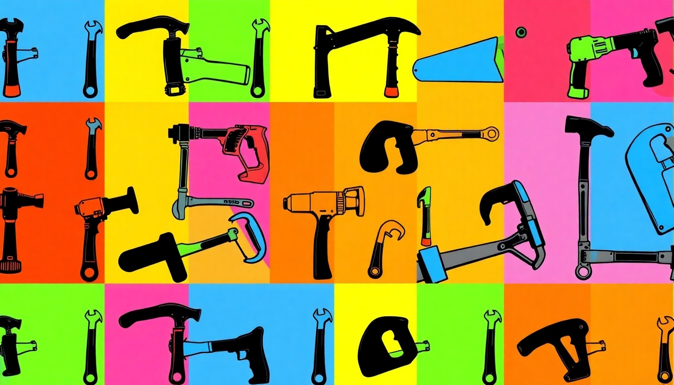 A brightly colored, high-contrast silkscreen print of a single, iconic construction tool repeated in a tight grid pattern, conceptually representing the collaborative student-led effort to build affordable homes in Lancaster.